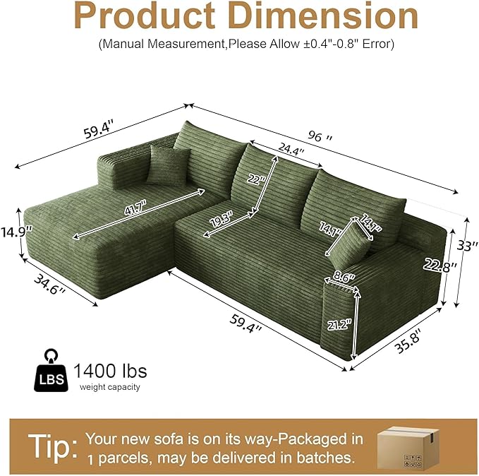 AUGOP 96" Sectional Couches for Living Room Modern Modular Sofa with L-Shape Couchs Upholstered Boneless Couch Deep Seat Sectional Couch with Chaise (Green, 96" Left Facing Chaise+2Seaters)