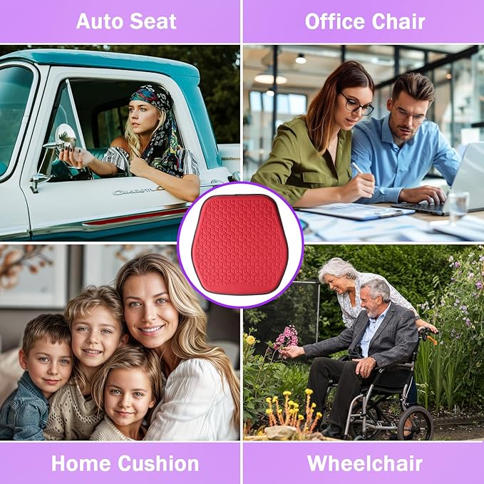 Binsheo Thin Premium Gel Seat Cushion for Car Seat, Office Chair, Wheelchair, Golf Cart - Non-Slip Car Seat Cushions with 0.7 Inch Gel - Sciatica & Coccyx Pain Relief (Suede, Red)