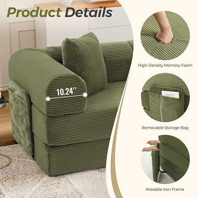 106.3" Oversized Convertible Sleeper Sofa Bed, L Shape Modular Sectional Cloud Sofa with Fixed-Shape Frame, Boneless Couch with Storage Pocket for Living Room, No Assembly Required, Green