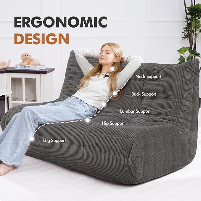 Bean Bag Chair,Giant Beanbag Chairs for Adults,Comfy Large Fireside Chair Lazy Sofa,Corduroy Bean Bag Lounger with Memory Foam Filled,Floor Sofa Couch for Living Room (Dark Grey, Loveseat)