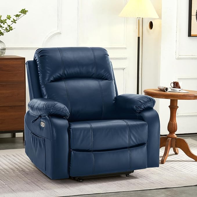MCombo Small-Wide Power Lift Recliner Chair with Massage and Heat for Petite Elderly People, 3 Positions, 2 Side Pockets, USB Ports, Faux Leather R7410 (Navy Blue, Small-Wide)
