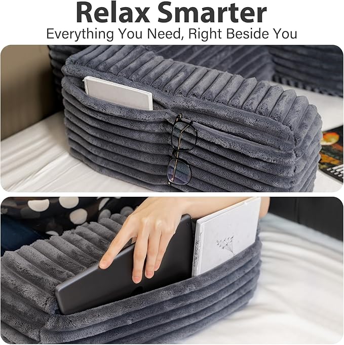 ENITYA 22" XL Back Pillow for Bed Sitting Up, Reading Pillow with Built-in Arms, Soft Back Support Chair, Ideal for Watching TV, Gaming, Nursing, Resting, Post Surgery, Dark Grey