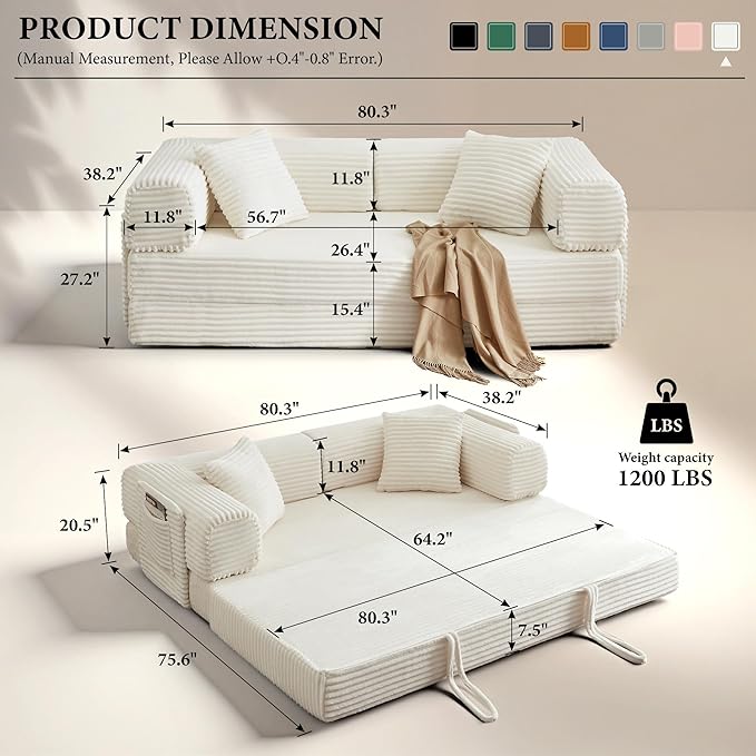 Chorlenimi Boneless Couch Futon Sofa Bed Sectional Couches for Living Room,Cloud Couch with Sleeper Sofa,Sofas for Living Room Oversized Corduroy Upholstered (White, 81 Inches (with Iron Frame))