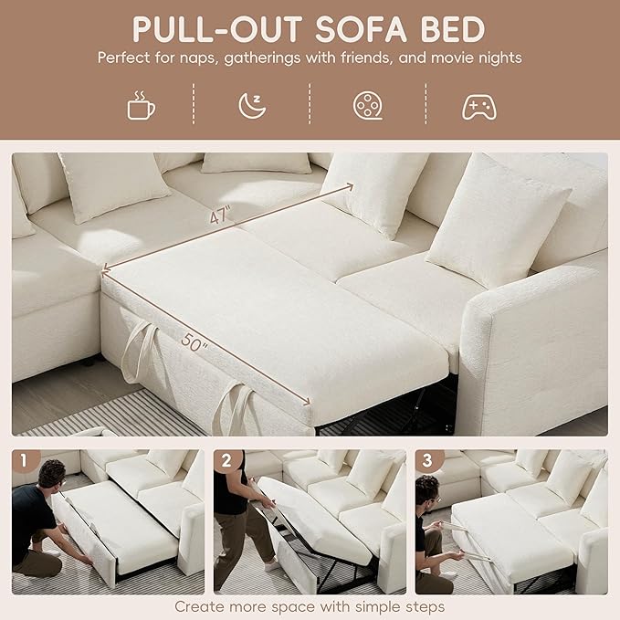 Furnimart Oversized Modular Sectional Pull-Out Sofa with Flip-up Table Panel, Reading Lamp, Charging Ports, Movable Storage Ottoman, Tufted Design, 6 Pillows, Free Combination, Chenille Beige