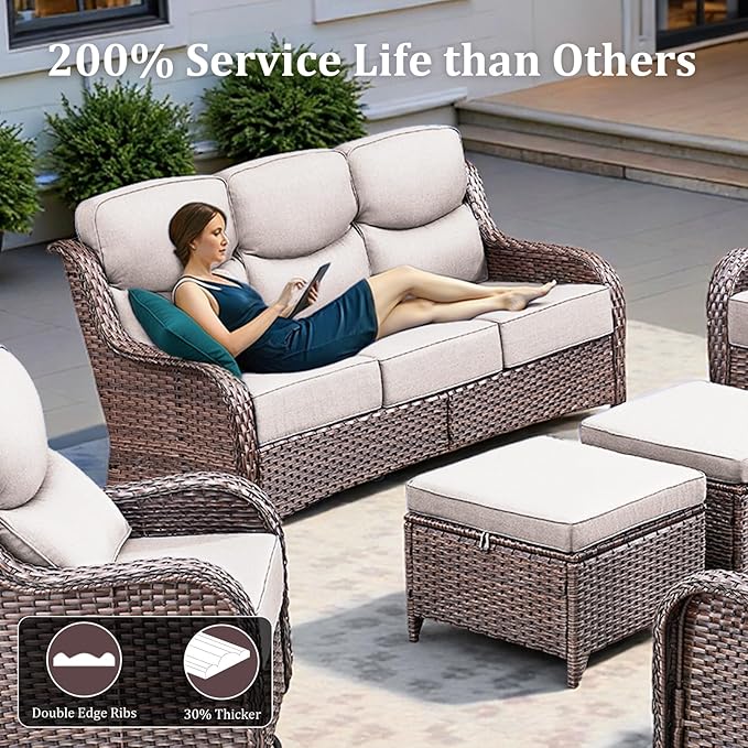Pugire Luxury High Back Patio Furniture Set with 6-Inch Thick Cushions, 4-Pieces Outdoor Furniture with Swivel Chairs, Wicker Conversation Set for Porch, Balcony, Deck and Yard, Brown/Beige