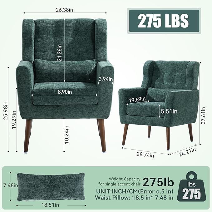 QKFF Modern Accent Chair, Upholstered Armchair with Pillow, Fabric Single Sofa Chair with Lounge Seat and Wood Legs Accent Chair for Living Room Bedroom Small Spaces (Blackish Green)