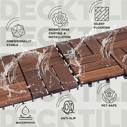 VICTORY RELAX Acacia Wood Decking Tiles 9PCS - Easy Snap Interlocking Deck Tiles for Patio Poolside Balcony Decor - All Weather Waterproof Flooring for Indoor & Outdoor (Round Joints)