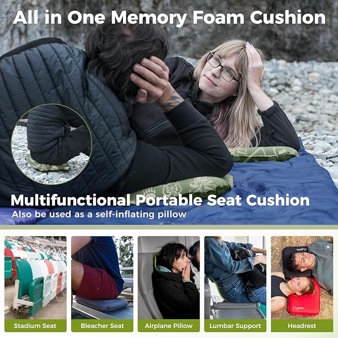 ATEPA Inflatable Seat Cushion, Self-Inflating Portable Stadium Airplane Travel Foam Cushion Pad for Camping, Sports Events, Outdoor