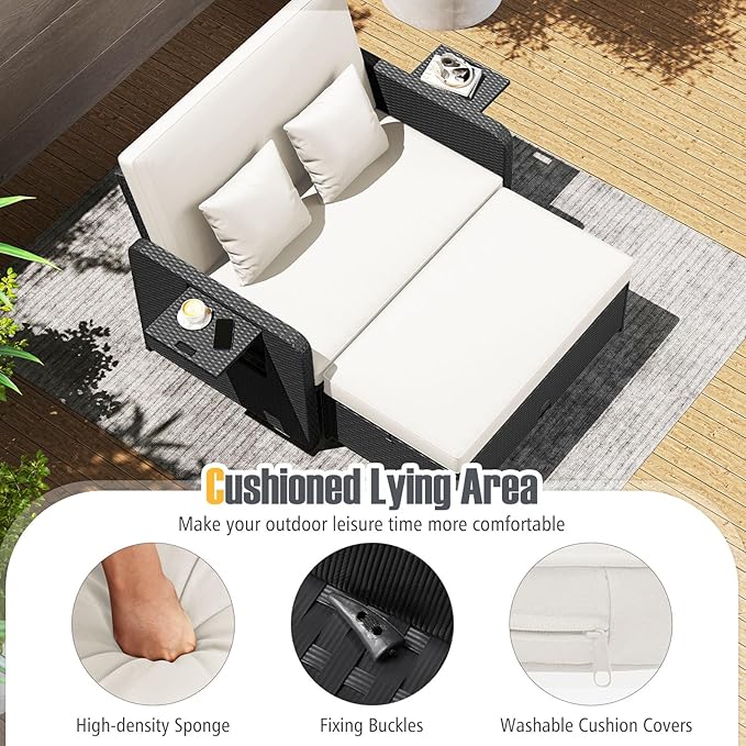 RELAX4LIFE Wicker Patio Outdoor Daybed - Rattan Day Bed Lounger w/Loveseat & Storage Ottoman, Sunbed Sofa Set w/Cushions, 4-Level Adjustable Backrest & 2 Retractable Trays, Patio Daybed (White-Black)