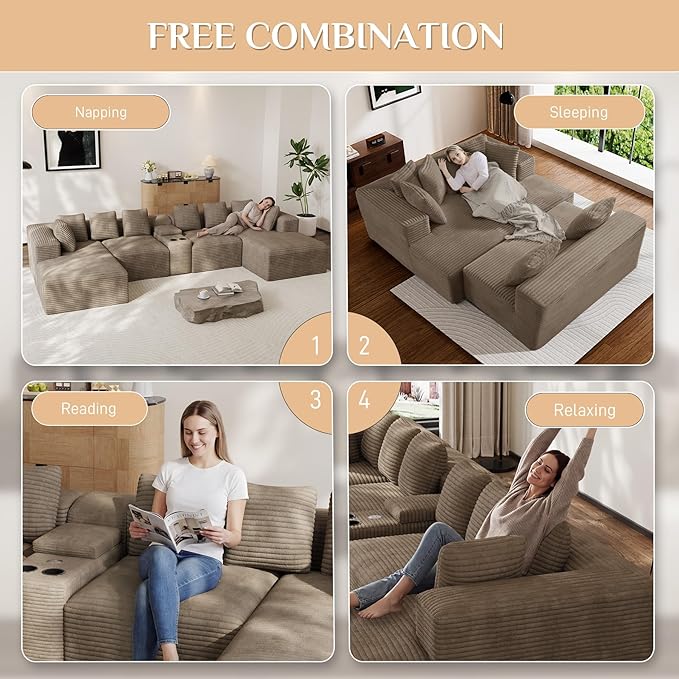Modular Sectional Sofa with USB Cup Holders Storage, 143" U Shaped Cloud Couch Plush Corduroy Deep Seat Boneless Sofas with Double Chaise Lounge Sectional Couches Memory Foam for Living Room - Camel