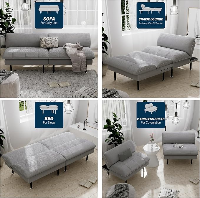 70" Futon Sofa Bed, 4 in 1 Multi-Function Couch Sleeper with Adjustable Backrest, Modern Convertible Futon, Recliner Small Loveseat for Living Room, Dorm, Light Grey