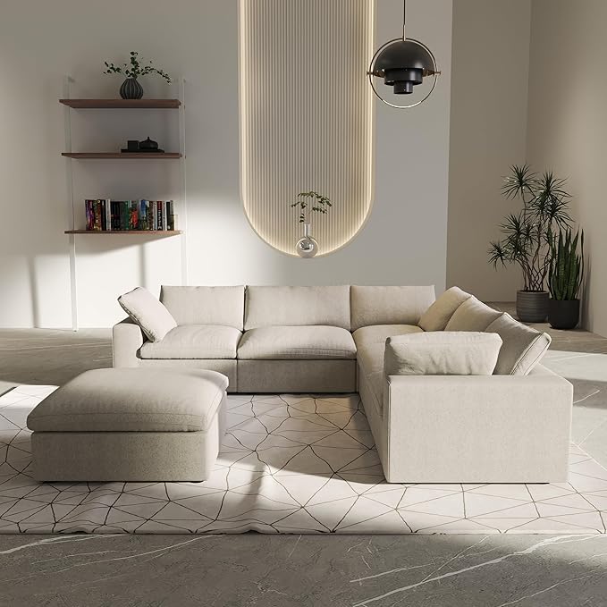 V-Shaped Cloud Sectional Couch, Modular Sectional Sofa, Modern Comfy Cloud Sofa with Storage Ottoman, Covers Removable, Convertible Sleeper Couch for Living Room Apartment (Khaki, Linen Fabric)