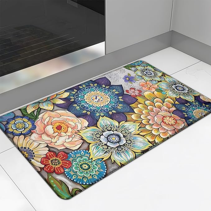 Floral Kitchen Rug Mat for Floor Boho Cushioned Anti-Fatigue Mat Memory Foam Standing Desk Padded Comfort Floor Mat for Sink, Office, Laundry, 17.3x39 Inch - 1/2 Inch Thick