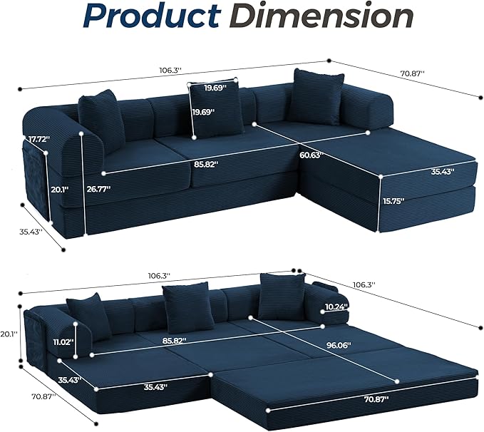 106.3" Oversized Convertible Sleeper Sofa Bed, L Shape Modular Sectional Cloud Sofa with Fixed-Shape Frame, Boneless Couch with Storage Pocket for Living Room, No Assembly Required, Blue