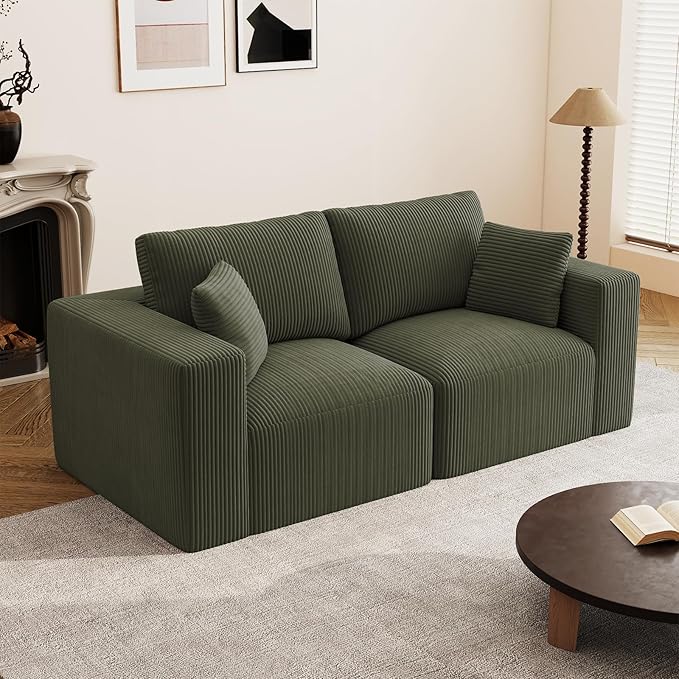 79" Modular Sectional Sofa, Cloud Couch Loveseat Memory Foam Boneless Couch with Chaise, Cozy Upholstered Corduroy Floor Couch, No Assembly Required Living Room Furniture for House Home, Green