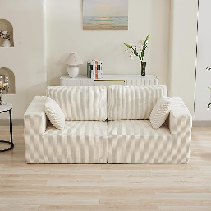 83'' Boneless Loveseat Sofa, Comfy Deep Seat Sectional Cloud Couch, No Assembly Corduroy Love Seat for Living Room, Beige