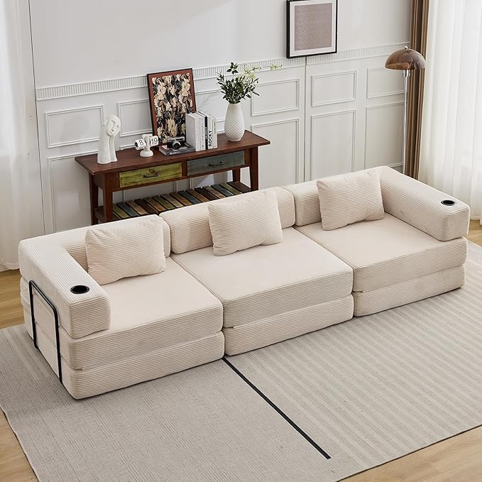 118" Oversized Convertible Floor Sofa Bed, Boneless Foldable Mattress Cloud Couch with Pillow Back & Armrest, Fold Out Floor Couch with Cup Holder for Living Room Bedroom Lounge, Corduroy, White