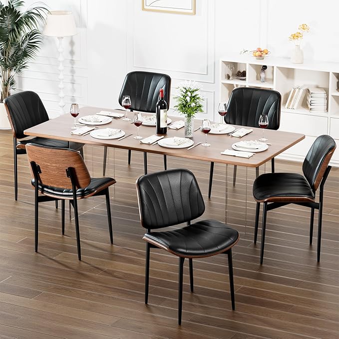 YaFiti Dining Chairs Set of 6, Dining Room and Kitchen Chairs, FSC Certified Mid Century Modern Accent Chair, Upholstered PU Leather Chairs for Vanity with Walnut Bentwood and Metal Legs, Black