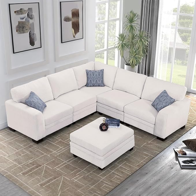 Legend Vansen Oversized Modular Sectional Sofa,6 Seat U Shaped Couch with Ottoman,Corduroy Sofa with Deep Seat,Convertible Large Sectional Couches for Living Room(Cream, L-6)