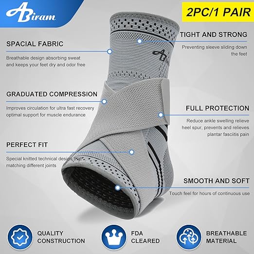 ABIRAM Ankle Brace for Women & Men, Ankle Compression Sleeve with Wrap, Foot Support Sleeve, Ankle Support for Sprained Ankle, Plantar Fasciitis Relief Socks, Achilles Tendonitis, Sports, M
