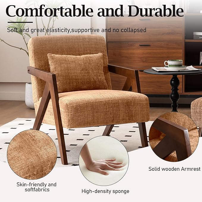 Mid-Century Modern Accent Chair with Solid Wood Frame，Upholstered Chenille Living Room Arm Chairs with Pillow for Bedroom, Living Room, Reading Room, Balcony, Brown