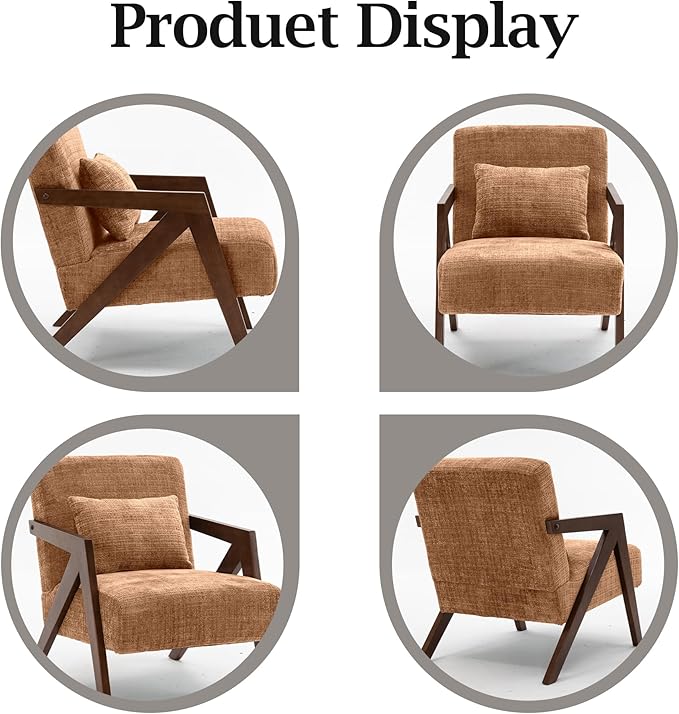 Mid-Century Modern Accent Chair with Solid Wood Frame，Upholstered Chenille Living Room Arm Chairs with Pillow for Bedroom, Living Room, Reading Room, Balcony, Brown