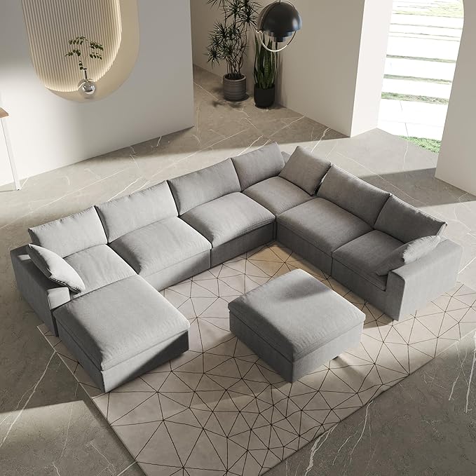 8 Seater Cloud Sectional Couch, Oversize Modular Sofa, Modern Comfy Cloud Sofa with Storage Ottomans, Covers Removable, Convertible Sleeper Couch for Living Room Apartment (Light Grey, Linen Fabric)
