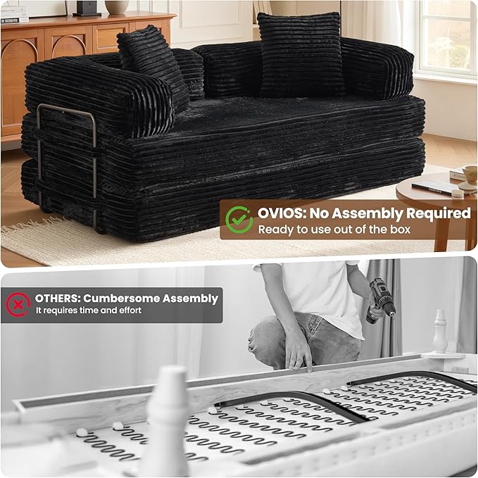 ovios 81" Folding Sofa Bed, Foldable Sleeper Boneless Couch with Pull Out Beds, Modular Convertible Floor Futon Loveseat Lounger for Living Room (Faux Fur, Black)