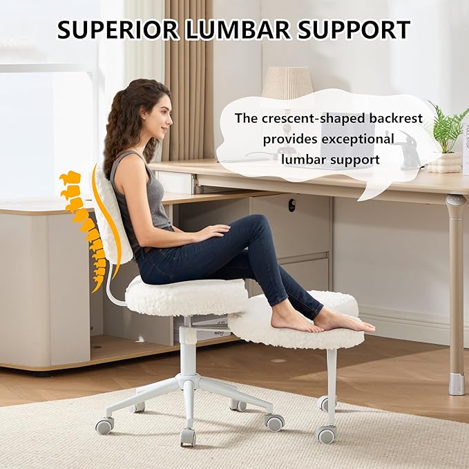 Meditation Chair with Lumbar Support,360° Swivel Cross Legged Chair with Wheels, Ergonomic Cross Legged Office Chair for Adults with ADHD, Height-Adjustable Yoga Chair, Faux Fur, Beige
