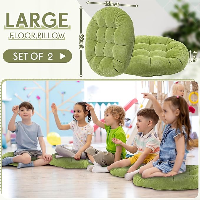 Jerify Floor Pillow Cushions 22 x 22 Inch Round Square Large Meditation Floor Pillow for Classroom Adult Meditation Picnic Party Cushion for Seating Gift Christmas(Round,Bright Green,2 Pcs)