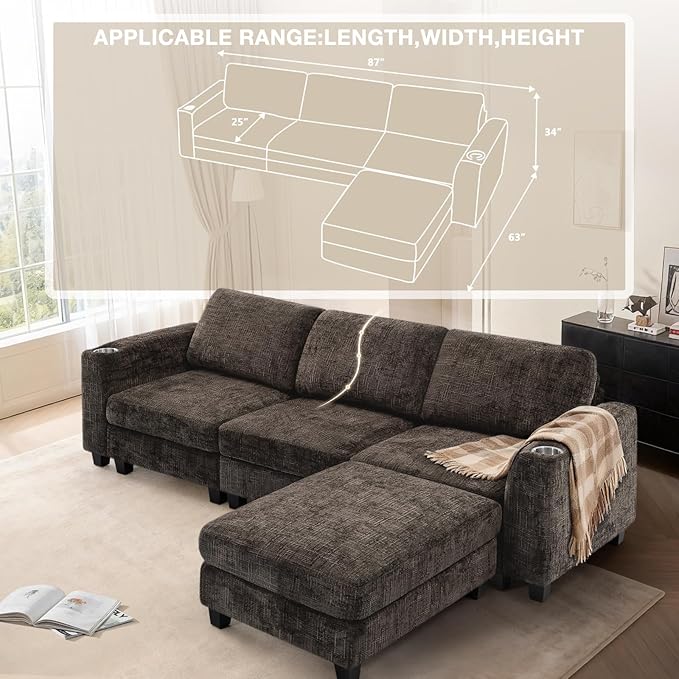 Lesofair 87" Convertible L-Shape Couch with Flexible Ottoman, Soft Sectional Sofa with 2 Built-in Cup Holders, Chenille 3 Seats Sofa with Well-Filled Back Cushions for Living Room, House, Brown