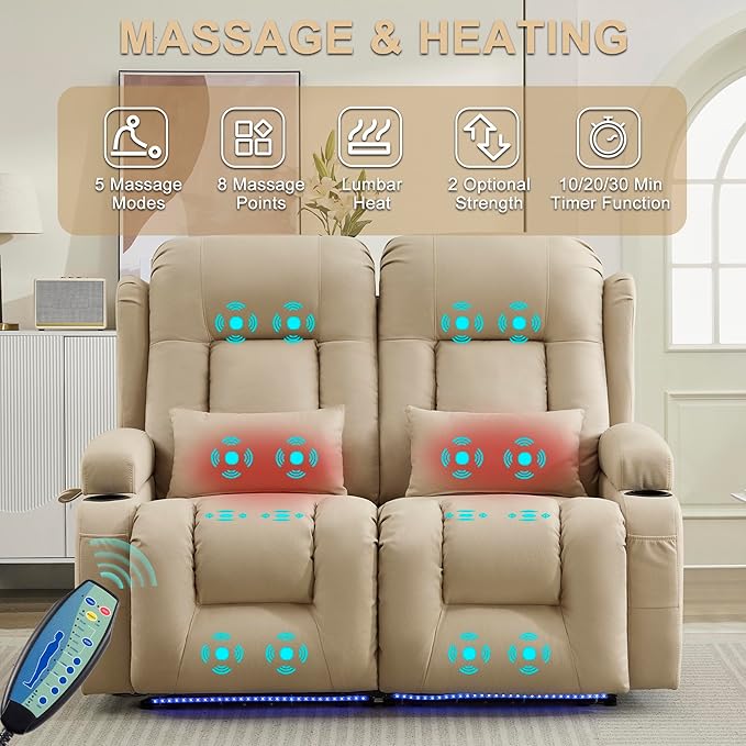 URRED Loveseat Recliner Sofa with Massage and Heat, Power Reclining Loveseat Sofa RV Couch Home Theater Seating with LED Lights, Cup Holders, Side Pockets, USB, Pillows, Leathaire Beige