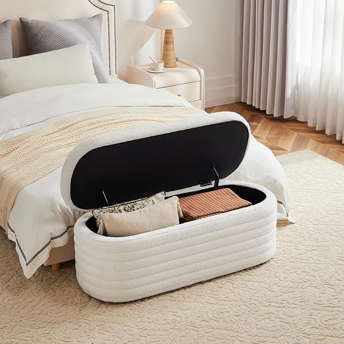 45 Inch Storage Ottoman Bench Upholstered Fabric Bedroom Benches, Modern Comfy End of Bed Stool for Living Room/Hallway/Entryway, Sherpa White