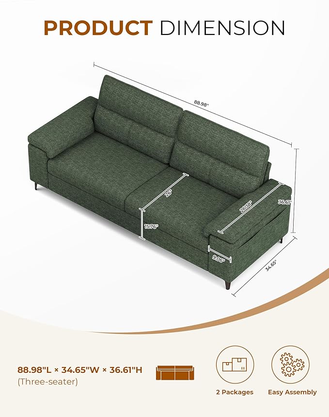 Upvilla 88.97" Modern Sofa Couch for Living Room, Deep Seat Sofas with 8”Cushion, Comfy 2-Seater Chenille Loveseat with Convertible Armrest, Removable Sofa Cover, High Leg (Green)