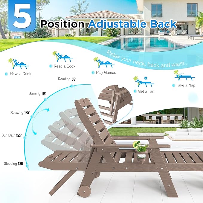 nalone Outdoor Chaise Lounge Chair Set of 2 with Wheels & Cup Holder, HDPE Pool Lounge Chairs with 5-Position Adjustable Backrest Supports Up to 400 LBS for Patio Poolside Deck Beach (Grey Brown)