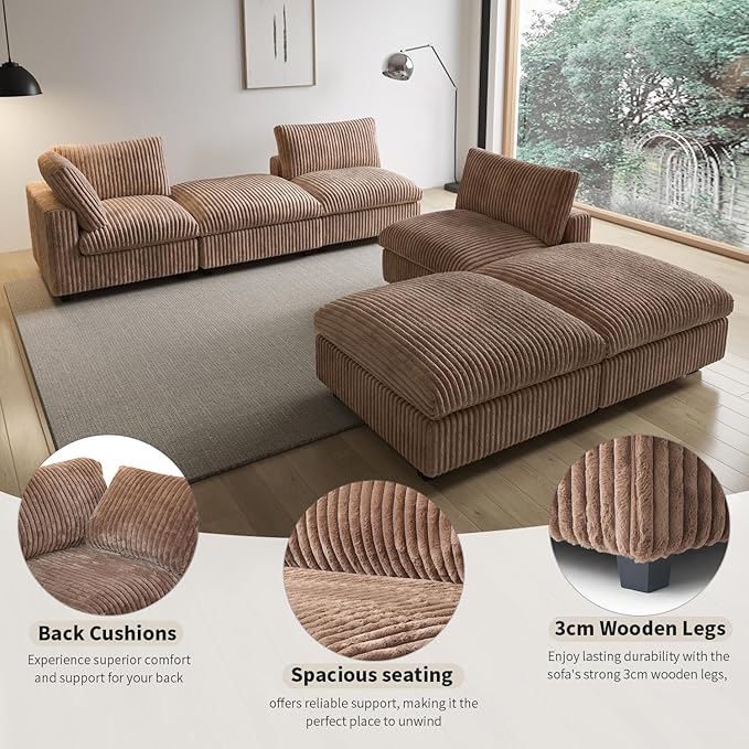 WJShome Cloud Couch Modular Sectional Sofa,157" Oversized U Shaped Couch with Ottoman,6 Seater Convertible Sofa,Comfy Plush Couches for Living Room,Covers Washable&Replaceable (Brown)