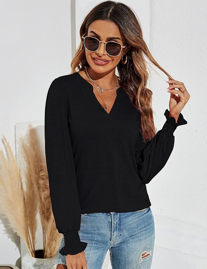 Romanstii Women's Casual V-Neck T-Shirts Loose Puff Long Sleeve Tops Tunic Blouses