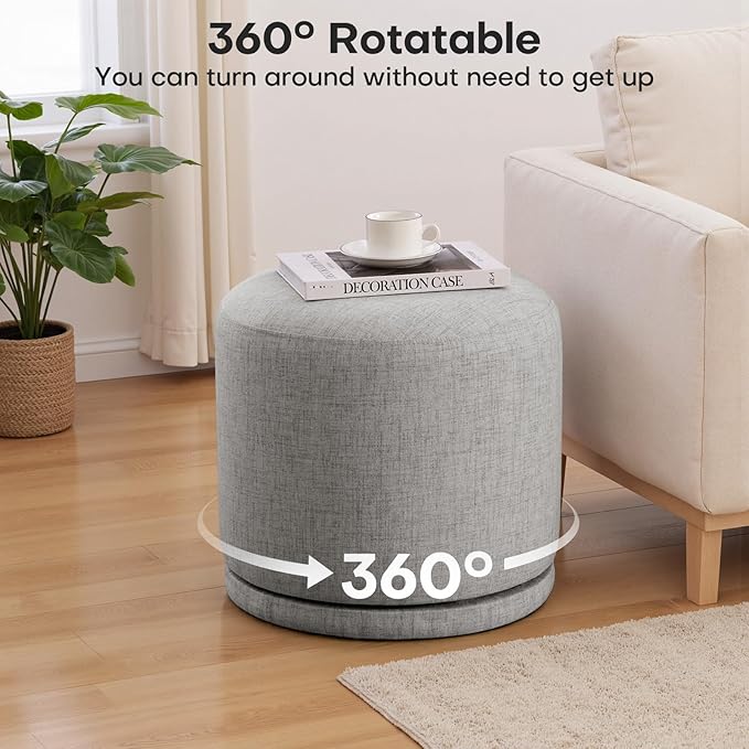 Round Pouf Ottoman & Swivel Foot Rest,Linen Vanity Stool-Upholstered Floor Chair,Footstool with Sturdy Acacia Wood Frame(500lbs),Small Coffee Table Ottoman for Living Room,Bedroom