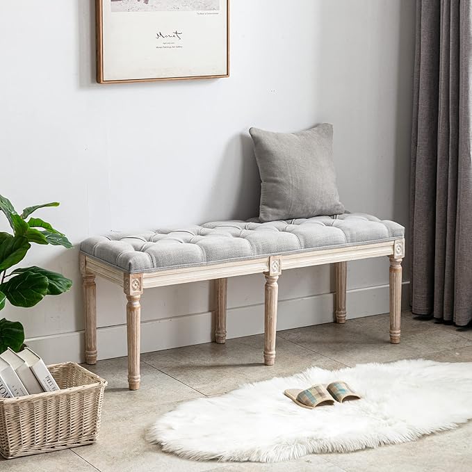 DM Furniture Farmhouse Dining Bench 48" Long Vintage Tufted Bench with Wood Legs Upholstered Entryway Bench Fabric End of Bed Bench for Bedroom Living Room Hallway, Grey