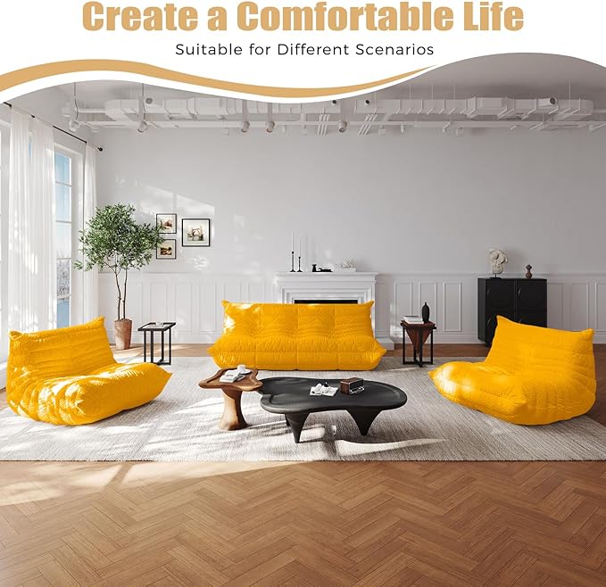 Selyteramy Bean Bag Chairs for Adults, Giant Bean Bag Chair Sofa with Memory Foam, Comfy Beanbag Loveseat Lazy Sofa for Living Room, Bedroom, Apartment, Yellow