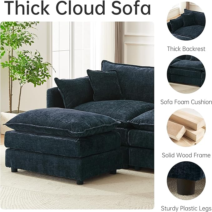 saows Modular Sectional Sofa, 147.2 Inch L Shaped Couch Set with Armrests, 4-Seater Comfy Cloud Couches with Movable Ottoman for Living Room Apartment, Blue