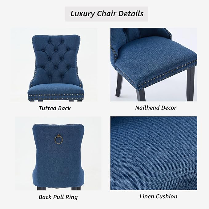 YeahFurn Blue Mid Century Modern Dining Chairs Set of 2, Linen Upholstered Kitchen & Dining Room Chairs with Nailhead Trim & Solid Wood Legs, Elegant Sillas De Comedor (Blue, 2 Pcs)