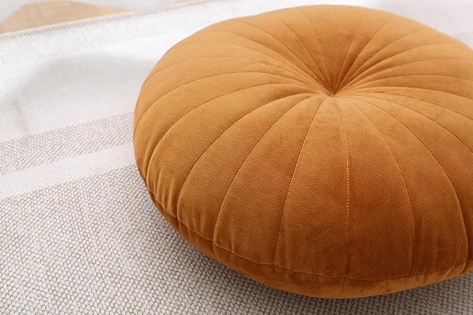 Floor Pillow Meditation Cushion Round Large Floor Pillows Seating for Adults, Velvet Thick Floor Cushions for Yoga Living Room Balcony Outdoor Tatami 18inch（Caramel）