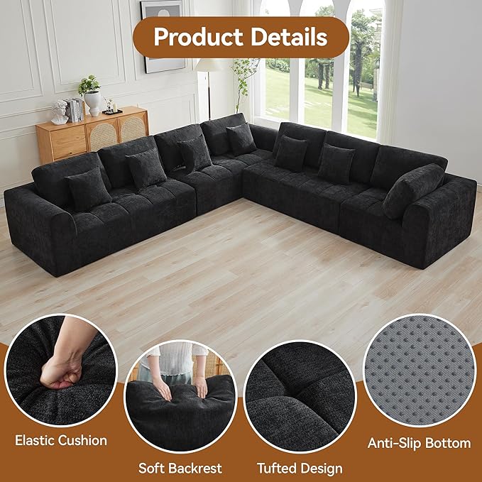 140''Modular Sectional Couches for Living Room, Cloud Boneless Compressed Sectional Sofa, Oversized L Shaped 7 Seater Upholstered Memory Foam Sofa, No Assembly, Chenille Black