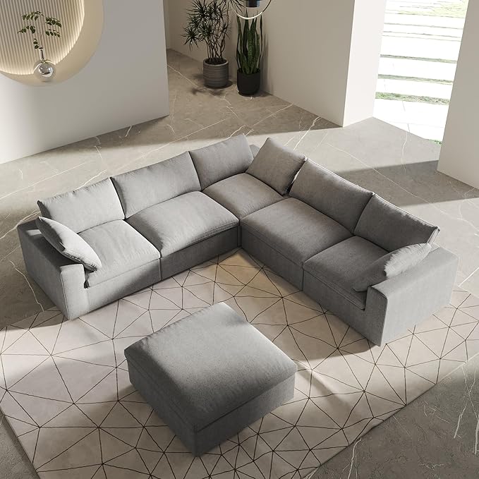 V-Shaped Cloud Sectional Couch, Modular Sectional Sofa, Modern Comfy Cloud Sofa with Storage Ottoman, Covers Removable, Convertible Sleeper Couch for Living Room Apartment (Light Grey, Linen Fabric)