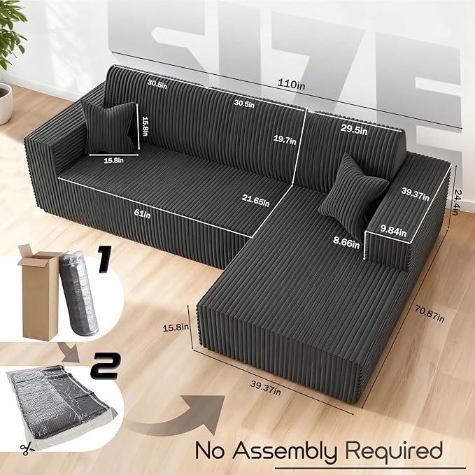 Komusou 110" Boneless Couch, Cloud Modular Sectional Sofa with L-Shape Chaise and Deep Seat, Modern Upholstered Couches for Living Room Bedroom No Assembly Required (Grey, Right Facing Chaise)