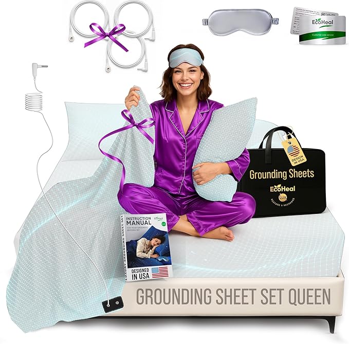 ECOHEAL Grounding Sheet Set - Queen Size, White Fitted & Flat Sheets with Pillowcases - 12% Silver Fiber, 4% Silk, 84% Cotton - SGS Quality Certified Conductive Bed Grounding Kit for Better Sleep