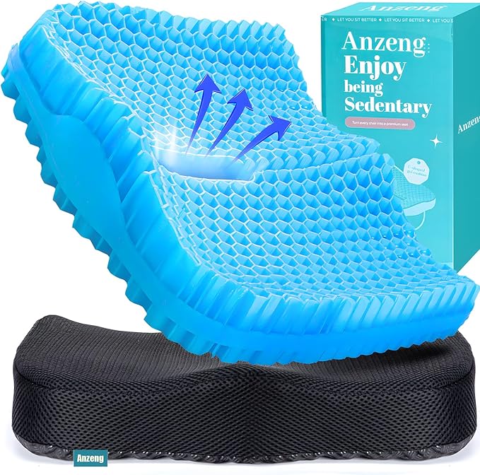 Anzeng Gel Seat Cushion for Long Sitting, Gel Cushion for Pressure Relief, Soft & Breathable, Chair Cushion for Office Chair, Car, Wheelchair, Seat Cushion with Non-Slip Black Cover