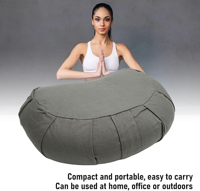 Semme Half Moon Meditation Cushion, Buckwheat Hulls Filled Yoga Pillow with Cotton Cover, for Floor Seating Mat Practice Home Office Outdoor (Gray)