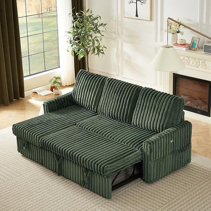 Sleeper Sofa Bed, 81” Pull Out Couch Bed with Reversible Storage Chaise, 3 in 1 L-Shaped Couch with Charging Station, Cup Holder, Side Pocket, Plush Corduroy Couches for Living Room(Green)
